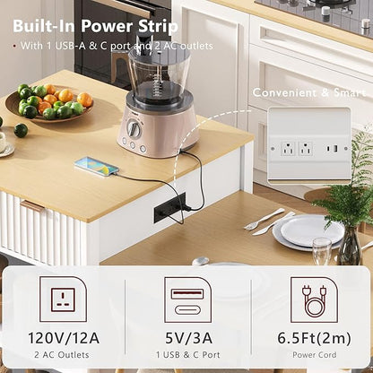 Polibi 82.6" Fluted Kitchen Island with Extendable Dining Table, for 4-6 Seating, Power Outlet (AC/USB/C), Double-Side Storage, 2 Drawers & Side Open Shelves, White
