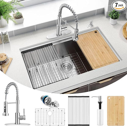 Herogo 33x19 Inch Kitchen Sink with Accessories, 18/10 Stainless Steel Undermount Kitchen Sink Workstation Single Bowl R10 Corner 10 Inch Deep