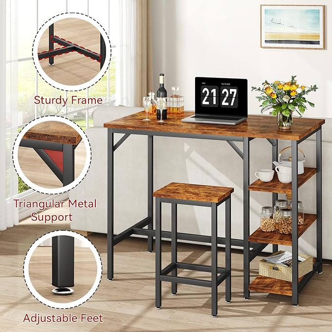 IBUYKE 40”H Bar Table with 3 Storage Shelves, High Dining Table for Kitchen, Rustic Brown Counter Table, Industrial Standing Computer Desk UTMJ054H