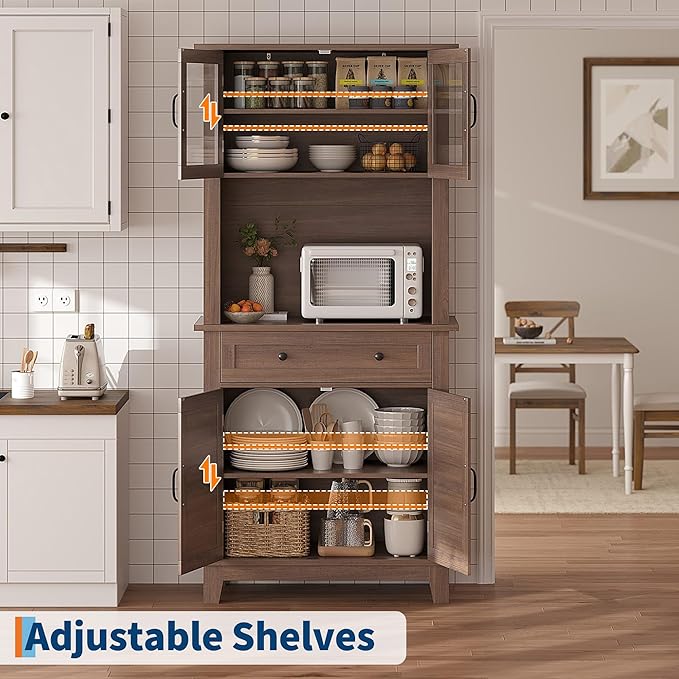 Garvee 72 in Tall Kitchen Pantry Cabinet, Kitchen Hutch Bar Cabinet with Microwave Stand, Cupboard with Drawers Glass Doors for Dining Room, Living Room, Brown