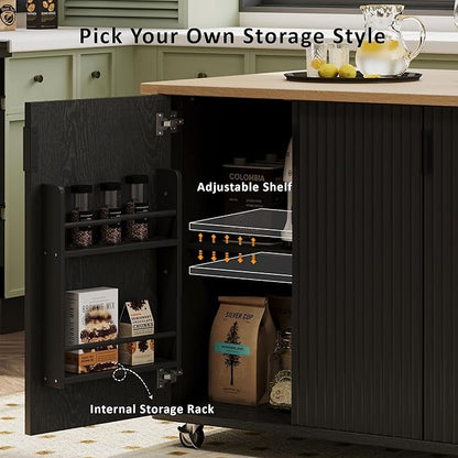 RUNNA Fluted Kitchen Island with Drop Leaf, Farmhouse Accent Kitchen Island on Wheels with Internal Storage Rack,Rolling Cart with Towel Rack,Dining Room,Black Ash (Black@046)