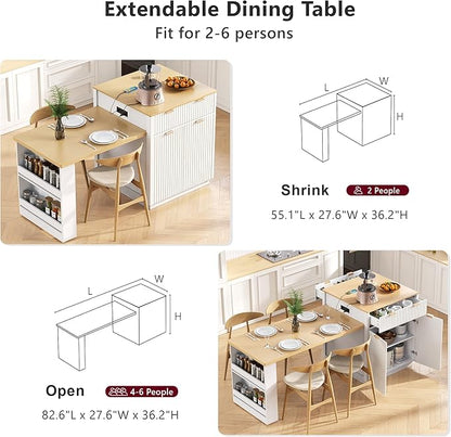Modern Dining Table Expandable 82.6in Fluted Kitchen Island with, Power Outlet, Wood Console Table with Drawers for Living Room Dining Room Kitchen,White-MDF