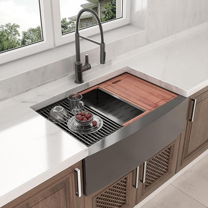 36 Black Farmhouse Sink - Lordear 36 Inch Kitchen Sink Ledge Workstation Gunmetal Black 16 Gauge Single Bowl Apron Front Farm Sinks Basin, 9" Apron Height