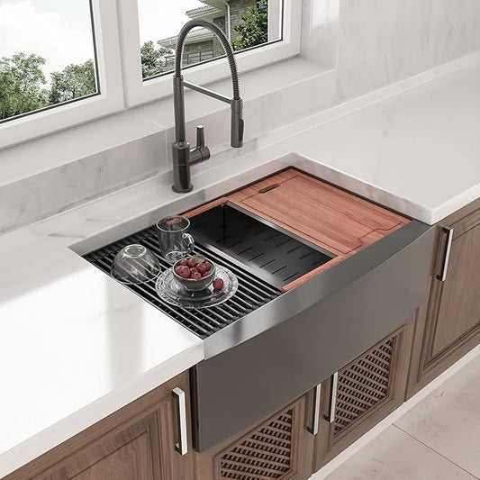 36 Black Farmhouse Sink - Lordear 36 Inch Kitchen Sink Ledge Workstation Gunmetal Black 16 Gauge Single Bowl Apron Front Farm Sinks Basin, 9" Apron Height