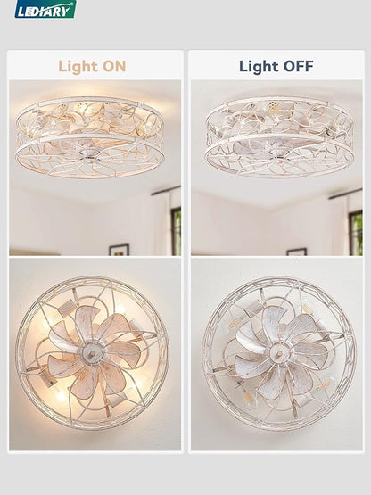 LEDIARY Caged Ceiling Fans with Lights, White Flush Mount Ceiling Fan with Remote&App, Small Low Profile Bladeless Ceiling Fan Light Fixture for Bedroom, Kitchen, Dining Room-White Gold Color