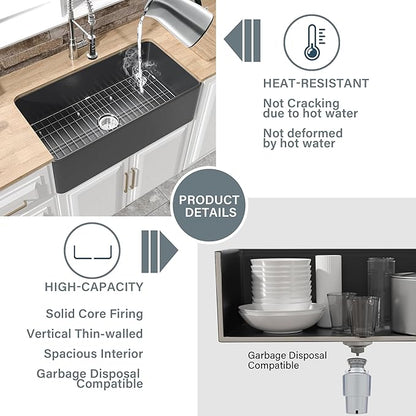 Black Farmhouse Sink 33 x 18 Inch, Single Bowl Firecaly Apron Front Undermount Farm Sink, with Accessories 2 Types, Matte Black, for Kitchen