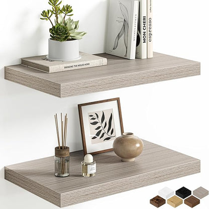 Floating Shelves Set of 2, 12 Inch Deep Floating Shelves with Heavy Duty Brackets, 20'' Rustic Wood Wall Mounted Shelf for Bathroom, Bedroom, Living Room & Kitchen, Modern Home Decor Storage, Gray