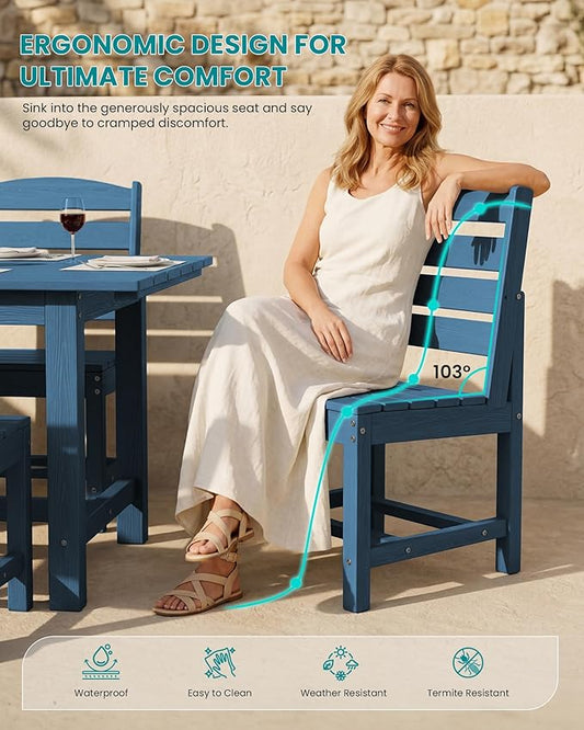 SERWALL Patio Dining Sets for 6 Person, HDPE Dining Set with 6 Armless Chairs, Blue