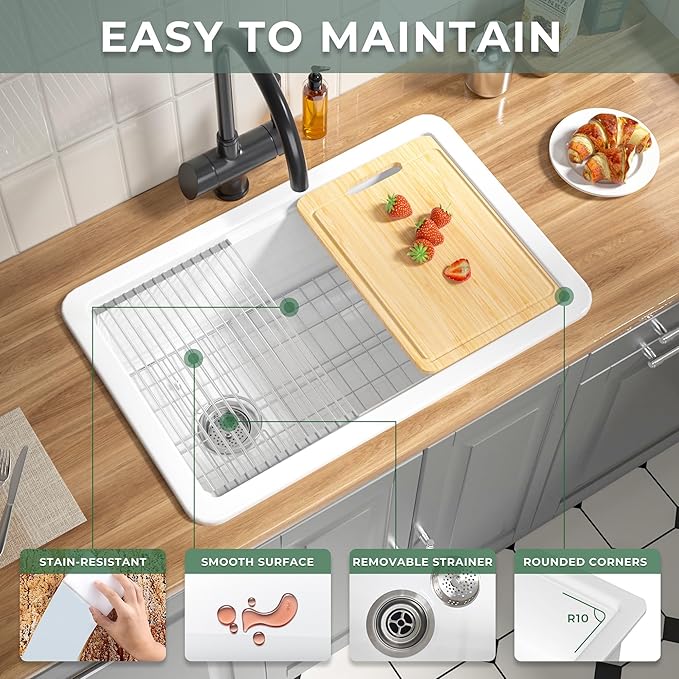 Offset Drain White Fireclay Undermount Workstation Kitchen Sink 30 Inch, Topmount White Undermount Sink 30''x19''x10'' Drop In, Deep Single Bowl Heavy Duty, Dual Mount, for Kitchen, Island