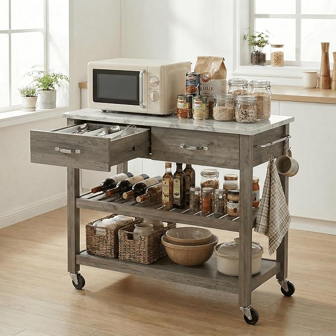 Casaphoria Amanda Collection Solid Wood Kitchen Island, 42" Butcher Block Cart with Cultured Marble Top & Locable Wheels, Prep Table for Small Spaces (Weathered Gray)