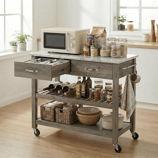 Casaphoria Amanda Collection Solid Wood Kitchen Island, 42" Butcher Block Cart with Cultured Marble Top & Locable Wheels, Prep Table for Small Spaces (Weathered Gray)