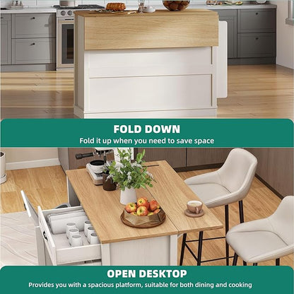 YITAHOME 50 Inch Rolling Kitchen Island with Trash Can Storage Cabinet & Drop Leaf, Portable Mobile Islands Table Long Floating Movable w Wheels Drawer Cabinet for 13 Gallon Garbage Bin, Off White