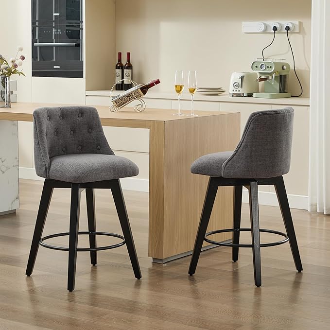 Modern Dining Chairs,Set of 2 - Sturdy and Stylish,Simple Natural Design,Counter Height Bar Stools with Line & Button Tufted Back,Solid Wood Frame Seat for Kitchen Island,Easy Asse,DarkGray-Linen-Foam