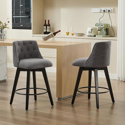 Modern Dining Chairs,Set of 2 - Sturdy and Stylish,Simple Natural Design,Counter Height Bar Stools with Line & Button Tufted Back,Solid Wood Frame Seat for Kitchen Island,Easy Asse,DarkGray-Linen-Foam