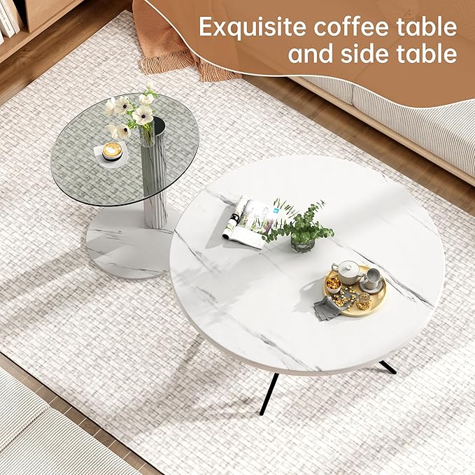 Hooseng Set of 2 Round Coffee Tables, Faux Marble Top and Modern Tempered Transparent Glass Top,Perfect for Living Room,Cafe,Home,and Office(Coffee Table+Side Table)