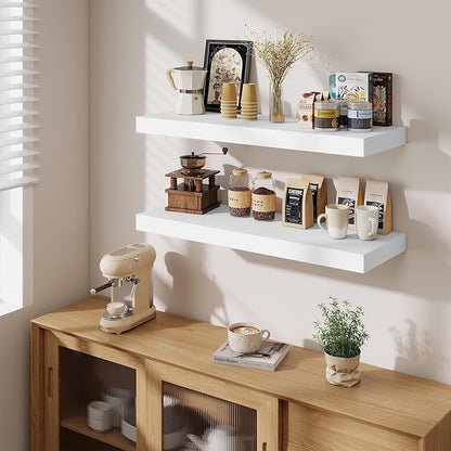 Fun Memories 12" Deep Floating Shelves for Wall, 36" W x 12" D Floating Shelves, Long Wood Floating Wall Shelf for Living Room Bathroom Bedroom Kitchen, White, Set of 2