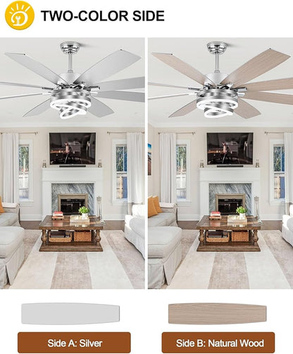 72 Inch Modern Large Ceiling Fans with Lights and Remote Reversible Quiet DC Motor 6 Speed Silver LED Chandelier Ceiling Fans for Living Room Bedroom Kitchen