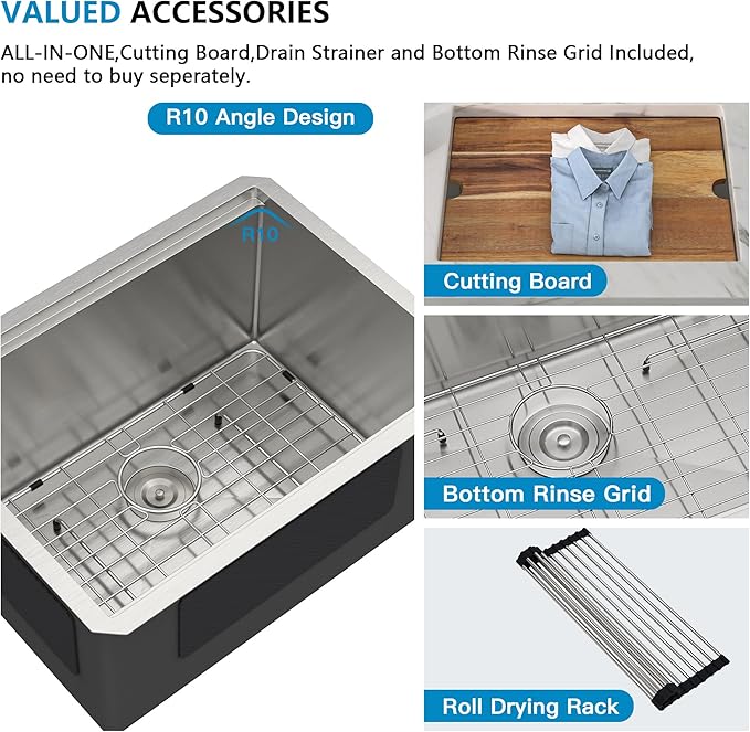 24"x18" Undermount Laundry Utility Sink Workstation – 16 Gauge 304 Stainless Steel, 13 Inch Deep Single Bowl Under Counter Sink Basin for Laundry Room, RV or Utility Use