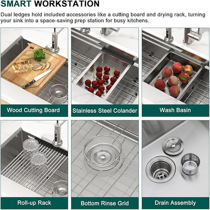 30 Inch Undermount Kitchen Sink, 16 Gauge 304 Stainless Steel Single Bowl Workstation Sink with Cutting Board, Colander, Wash Basin, Drying Rack & Bottom Grid #TLU-0030