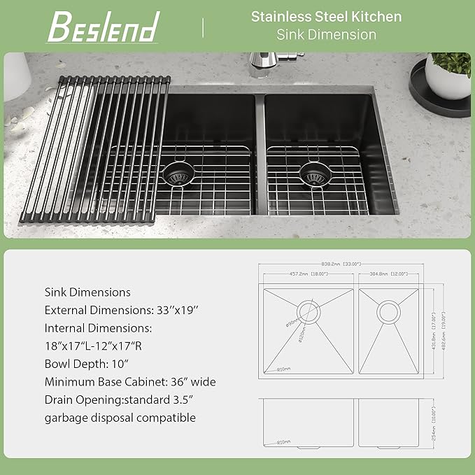 33 Inch Black Undermount Kitchen Sink - 33”x19”x10” Stainless Steel Gunmetal Black 16 Gauge 10 Inch Deep 60/40 Double Bowl Kitchen Sink Basin