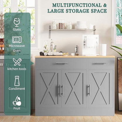 Shintenchi Modern Farmhouse Sideboard Buffet Cabinet with Storage with 3 Doors,42" Barn Doors Buffet Cabinet with Storage,Wood Coffee Bar Cabinets with Adjustable Shelf for Kitchen,Living Room,Grey