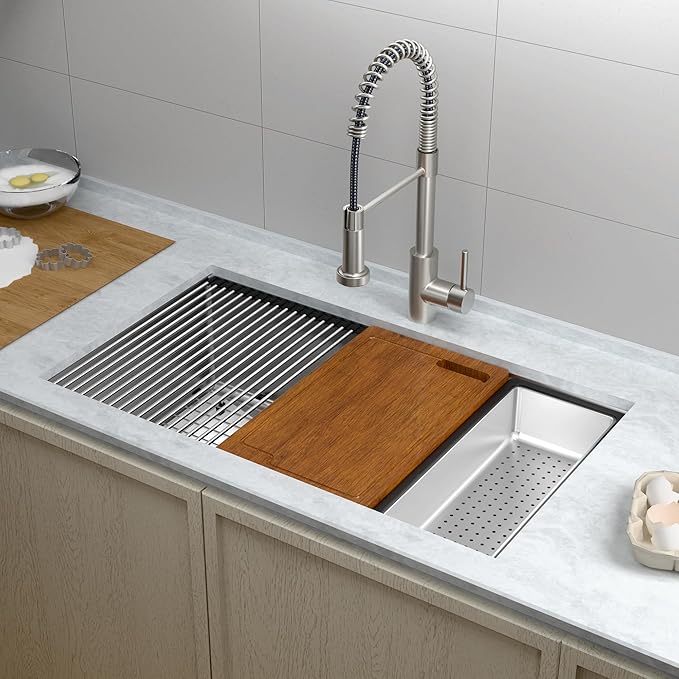 33 x 22 Drop-In/Undermount Kitchen Sink, TECASA Single Bowl Kitchen Sink, 18-Gauge T-304 Stainless Steel Basin with Workstation