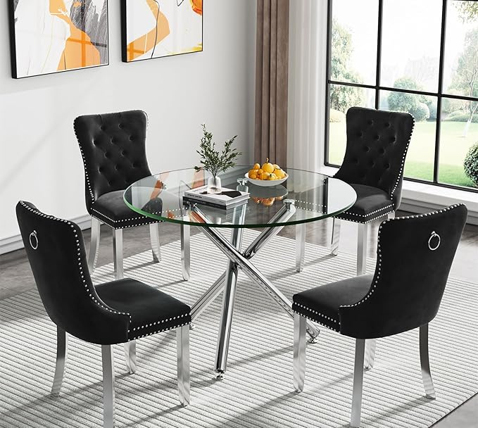 SSLine 35.4" Round Glass Dining Table for 2-4 Modern Circle Glass Tabletop Kitchen Table for 4 Luxury Dinner Tables with Silver Metal Legs for Home Kitchen Dining Room(Table Only)