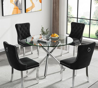SSLine 35.4" Round Glass Dining Table for 2-4 Modern Circle Glass Tabletop Kitchen Table for 4 Luxury Dinner Tables with Silver Metal Legs for Home Kitchen Dining Room(Table Only)