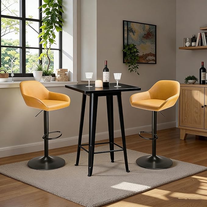 Glitzhome Bar Table and Chairs Set, Square Black Steel Pub Table with Soild Elm Wood Top and Bar Height Adjustable Swivel PU Leather Bar Stool for Breakfast Nook Living Room Small Space Restaurant