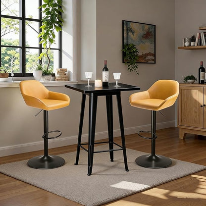 Glitzhome Bar Table and Chairs Set, Square Black Steel Pub Table with Soild Elm Wood Top and Bar Height Adjustable Swivel PU Leather Bar Stool for Breakfast Nook Living Room Small Space Restaurant