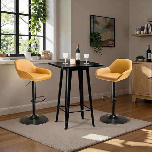 Glitzhome Bar Table and Chairs Set, Square Black Steel Pub Table with Soild Elm Wood Top and Bar Height Adjustable Swivel PU Leather Bar Stool for Breakfast Nook Living Room Small Space Restaurant