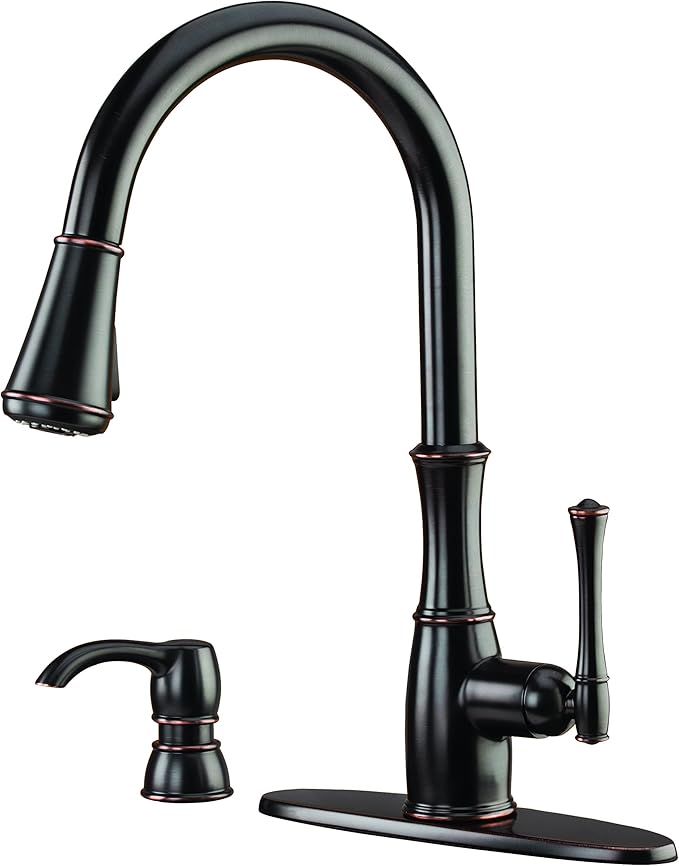 Pfister Wheaton Kitchen Faucet with Pull Down Sprayer and Soap Dispenser, Single Handle, High Arc, Tuscan Bronze Finish, GT529WH1Y