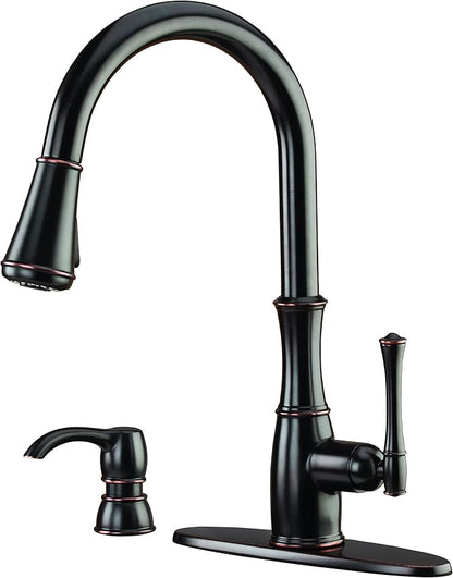 Pfister Wheaton Kitchen Faucet with Pull Down Sprayer and Soap Dispenser, Single Handle, High Arc, Tuscan Bronze Finish, GT529WH1Y