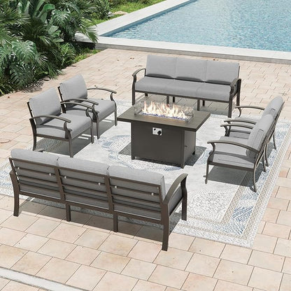 Metal Outdoor Patio Furniture Set for 10,Aluminum Patio Sectional Set w/Propane Fire Pit Table,Outside Furniture w/Removable Sponge Cushion for Porch, Balcony, Yard,Gray