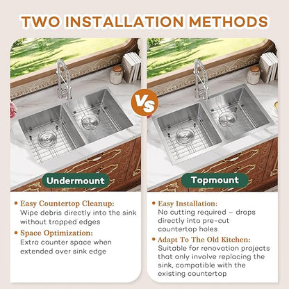 Rhbamoa 27 Inch RV Kitchen Sink,T304 Stainless Steel Kitchen Sinks for RV,50/50 Undermount Double Sink,Outdoor Sinks with Brushed Finish (27'' X 16'' X 7'')