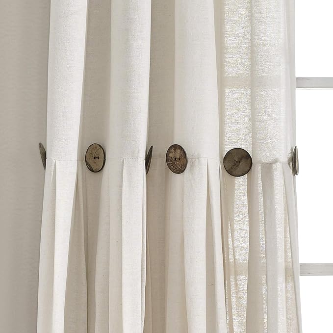 Lush Decor Linen Button Window Curtain Panel, Single, 40" W x 108" L, Off White- Country Curtains - Color Block Modern Farmhouse Curtains For Living Room, Bedroom & Dining Room