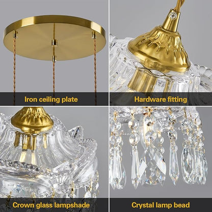 3-Light Brass Vintage Glass Pendant, Crystal Pendant Light, Adjustable Height Lighting for Kitchen Island, Dining Room, Farmhouse, Living Room (Round Chassis)