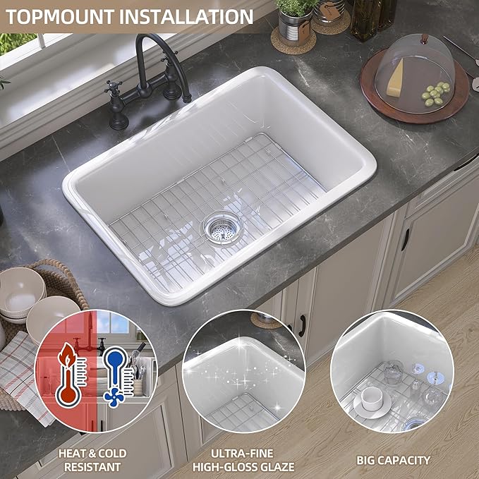 GETPRO White Undermount Kitchen Sink 32 inch Fireclay Farm Sink Drop in 32X19 Dual Mount Farmhouse Single Bowl Topmount Deep Basin with Accessory Easy to Clean for Bar, Kitchen, Laundry