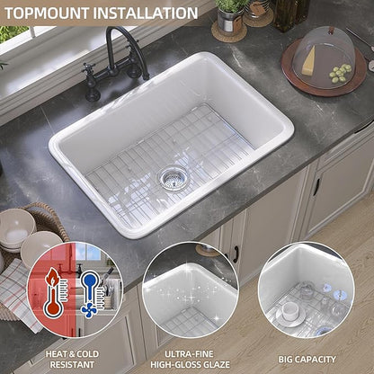GETPRO White Undermount Kitchen Sink 32 inch Fireclay Farm Sink Drop in 32X19 Dual Mount Farmhouse Single Bowl Topmount Deep Basin with Accessory Easy to Clean for Bar, Kitchen, Laundry