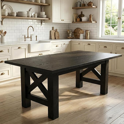 GarveeHome Dining Table for 6-8, 71" Long Large Wooden Farmhouse Kitchen Table with Thick Sturdy Frame, Rectangular Dining Room Dinner Table with Stable Triangular Legs for Kitchen,Office, Retro Black