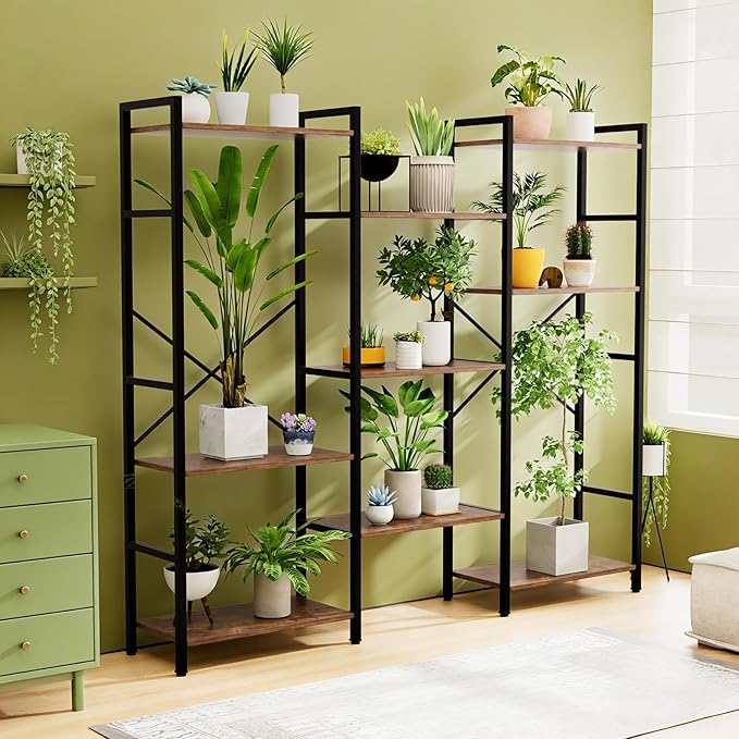 GRUSIGN Triple 4 Tier Book Shelf, Modern Bookcase Shelf, Freestanding Large Display Shelves for Living Room/Office/Garage, Stable Large Bookshelf with Storage for Books/LEGO/Plants, Rustic Brown