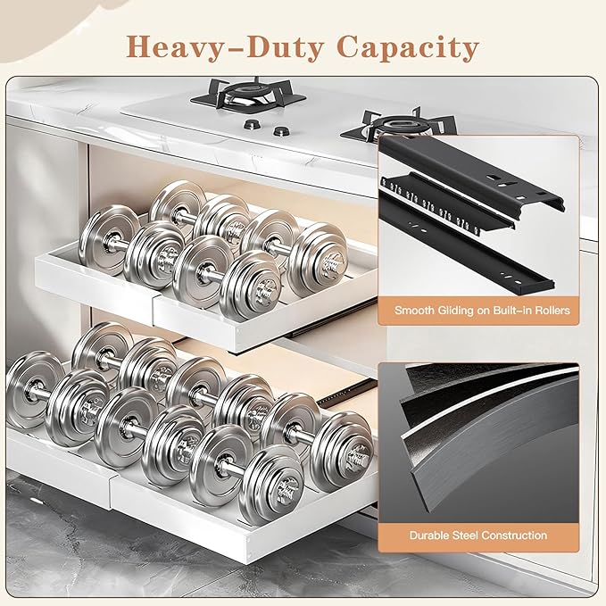 2-Pack Expandable Pull Out Cabinet Organizer, Slide Out Drawers with Upgrade 3 Slide Rails & Adhesive Nano Film, Heavy Duty Roll Out Shelf for Kitchen Base Cabinet, Adjustable Width 12"-22"