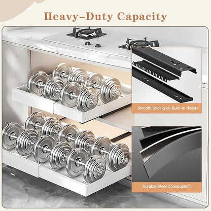 2-Pack Expandable Pull Out Cabinet Organizer, Slide Out Drawers with Upgrade 3 Slide Rails & Adhesive Nano Film, Heavy Duty Roll Out Shelf for Kitchen Base Cabinet, Adjustable Width 12"-22"