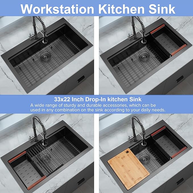 Kitsitchen Black Drop In Kitchen Sink 33x22, 16 Gauge T-304S Stainless Steel Top-Mount Workstaion Sink, 33" x 22" x " Large and Deep Single Bowl Kitchen Sinks with Practical Accessories