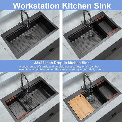 Kitsitchen Black Drop In Kitchen Sink 33x22, 16 Gauge T-304S Stainless Steel Top-Mount Workstaion Sink, 33" x 22" x " Large and Deep Single Bowl Kitchen Sinks with Practical Accessories