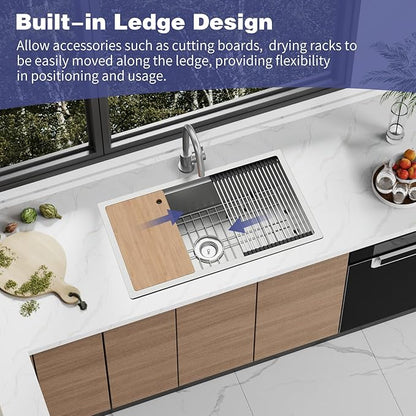 Kitchen Sink Workstation,32"x18" Stainless Steel Undermount Single Bowl Sink Built-in Ledge Drop In Workstation Sink Design For Placing/Sliding Accessories-Cutting Board,Drying Rack