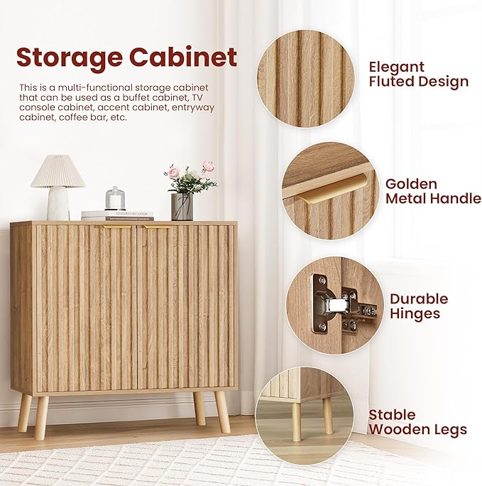 Pamapic Fluted Storage Cabinet, Sideboard Buffet Cabinet with Storage, Wood Credenza with Adjustable Shelves, Modern Accent Cabinet for Living Room, Kitchen, Entryway, Natural(2, Natural)