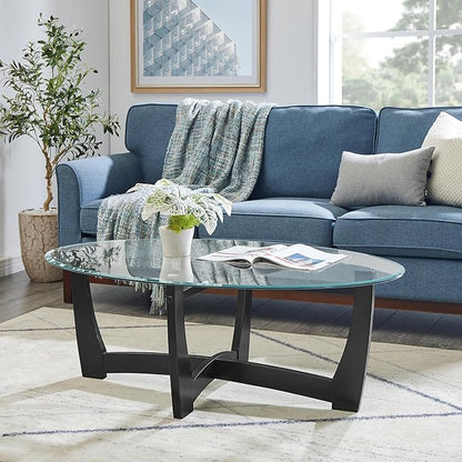 48" Oval Coffee Tables, Modern Center Table with Tempered Glass Tabletop Cross and Solid Wood Base, Small Space Coffee Table for Living Room Black