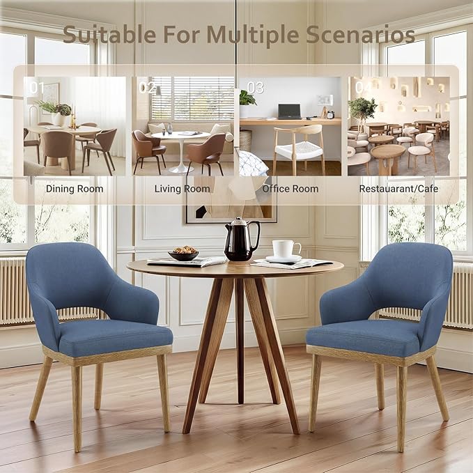 MALOL Wooden Dining Chairs Set of 4, Modern Fabric Upholstered Dining Room Chair, Kitchen Side Chairs, Farmhouse Dinner Chair with Open Back for Kitchen, Blue
