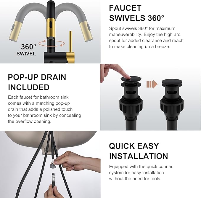 KENES Black and Gold Pull Down Bathroom Faucet 1 Hole, Single Handle Bathroom Sink Faucet with Pull Out Sprayer, Vanity Faucet with Pop Up Drain & Deck Plate, KE-9065B-BG